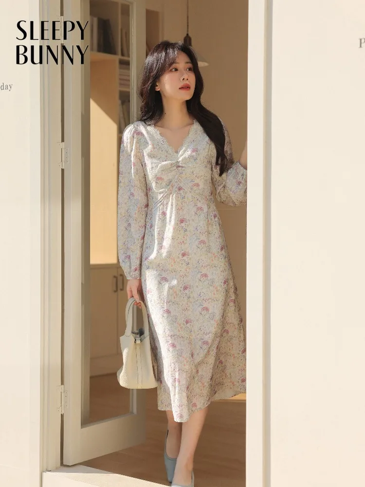 

V Neck Lace Trim Floral Midi Dress Women Lady Elegant Slim Fit Long Sleeve Fishtail Dress Soft Romantic Spring Casual Daily Wear