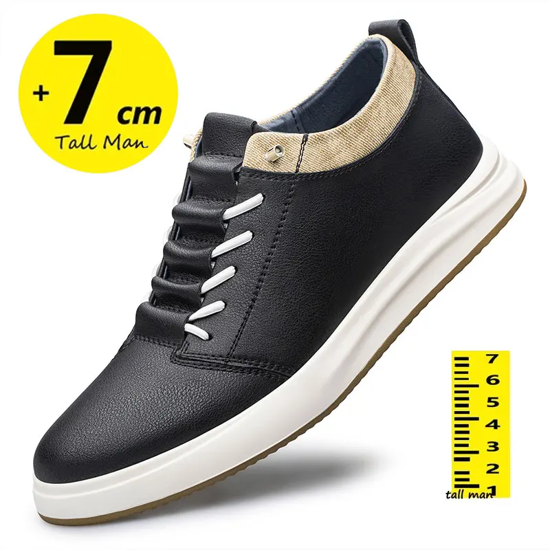 Zapatillas de cuero genuino de alta calidad para hombre, zapatos con elevador de altura, calzado informal de lujo de 7cm, color blanco