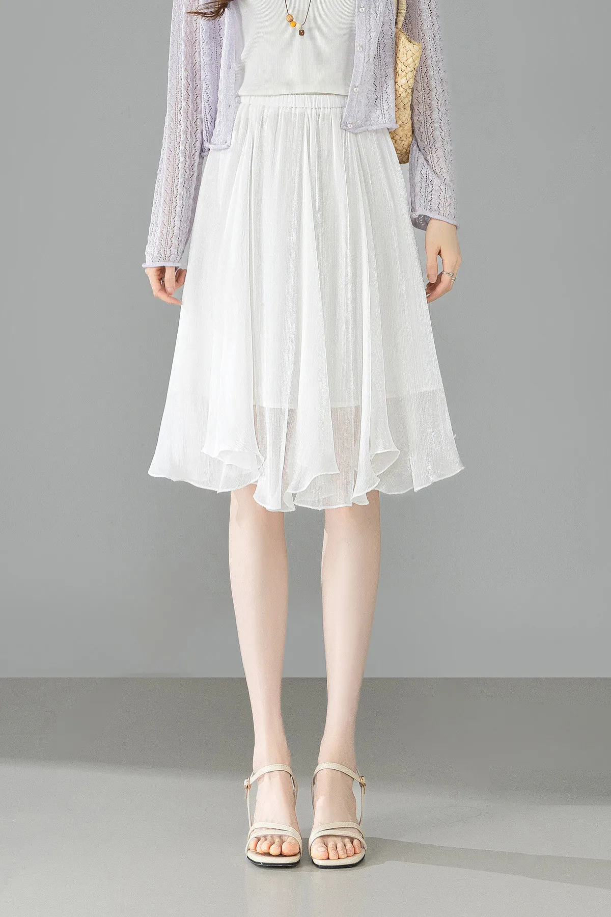 SENTUBILA Weißer Chiffon-Schimmerrock für Damen, Sommer 2026, Eleganter, Elastischer Bund, Unregelmäßiger, Lässiger Schirmrock Q62QG7308 – Detail 16