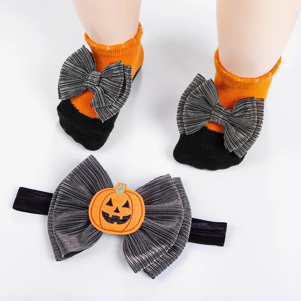 2Pcs/Set Pumpkins Felt Cotton Socks for Baby Girls Halloween Day Bow Elastic Headbands Anti-Slip Short 0-12M Sock Party Stuff