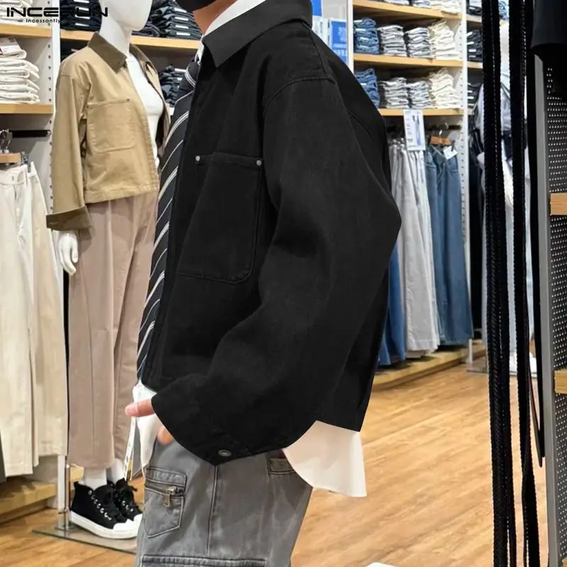 

INCERUN Men Jackets Patchwork Lapel Long Sleeve Zipper Casual Male Coats Pockets Streetwear Fashion Leisure Outerwear Men S-5XL