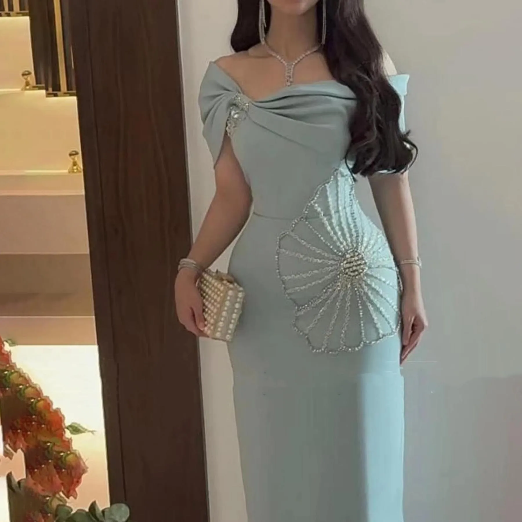 Mais vendido fora do ombro vestidos de noite encantador babados vestido de baile requintado beading vestido de festa فسات evimaverapersonalizado