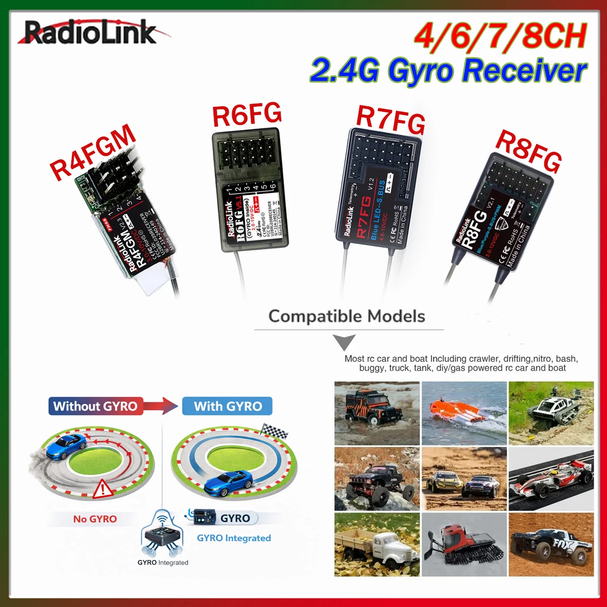 Radiolink 2.4GHz Gyro Receiver R6FG R4FGM R7FG R8FG for RC Car Boat for RC Transmitter RC4GS RC6GS T8FB T8S RC8X Remote Control