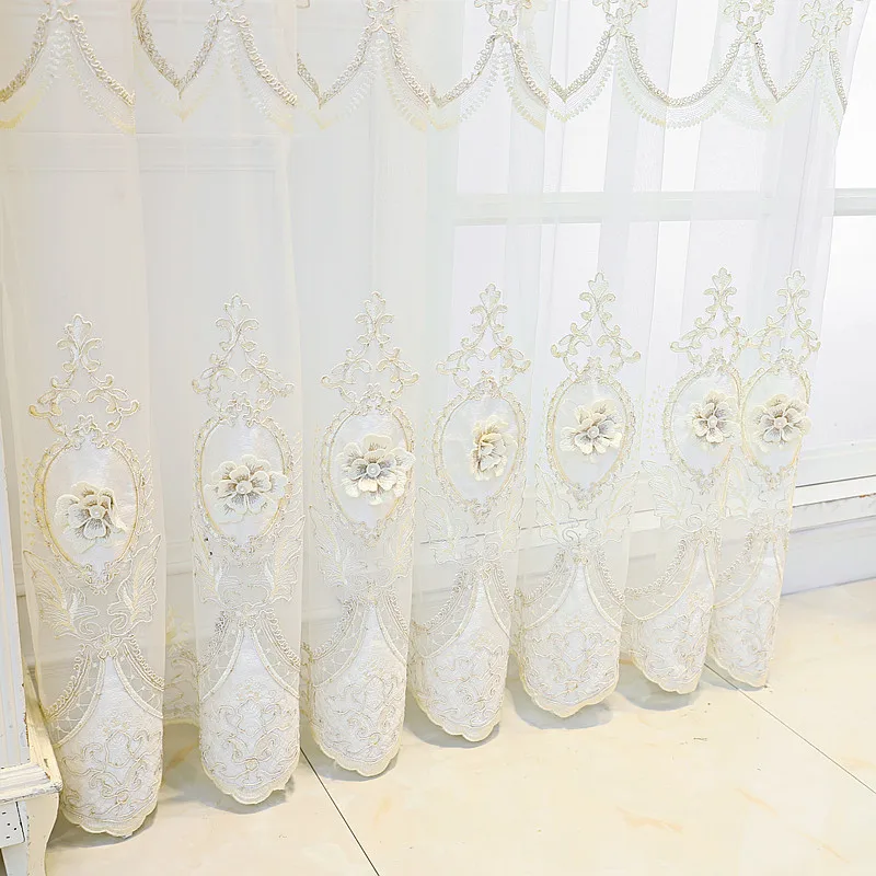 European Luxury Imitation Silk Curtains For Living Room Bedroom Gold 3D Embossed Embroidery with Beads Tulle For windows Custom