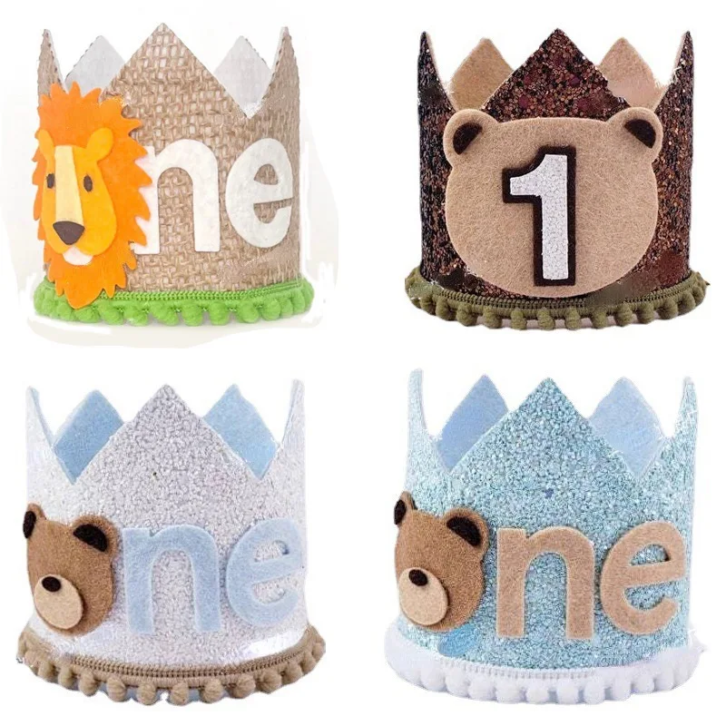 

1Pcs First Kids Birthday Party Glitter Brown Bear Hat ONE Burlap Lion Birthday Crown Baby Shower Photoprops Party Decorations