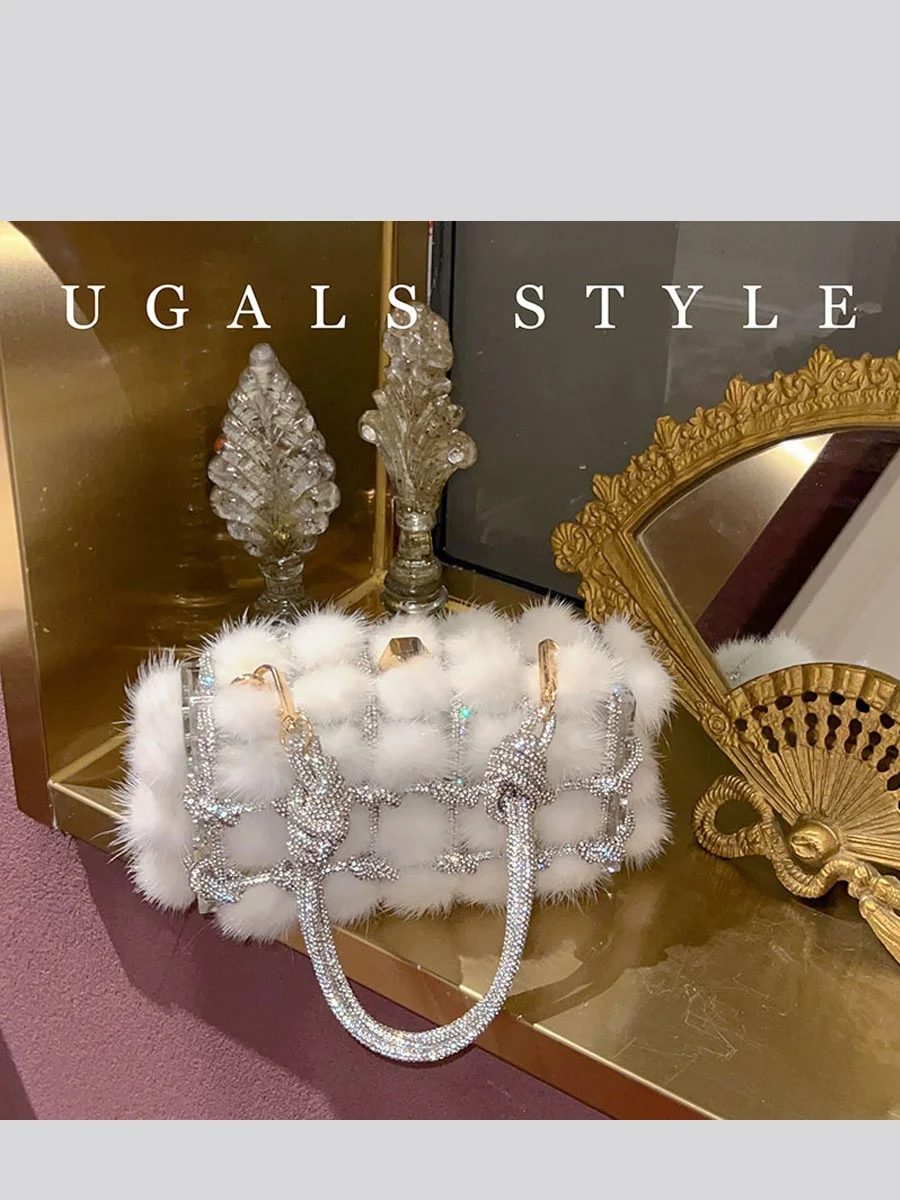 UGALS Autumn Winter Handmade Furry Sparkling Rhinestone Evening Real Rabbit Fur Underarm Crossbody Small Square Bag