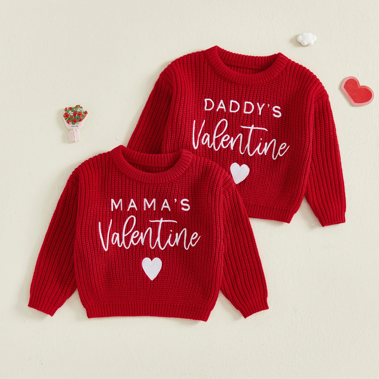 0-4Y Baby Valentine's Day Sweaters Long Sleeve Round Neck Letter Heart Embroidery KnitTops Toddler Pullover Sweaters Knitwear