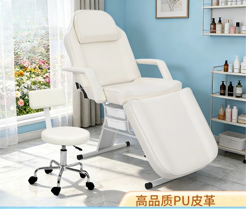 Off-white embroidered beauty bed, massage chair with storage box, special technician stool for beauty salons