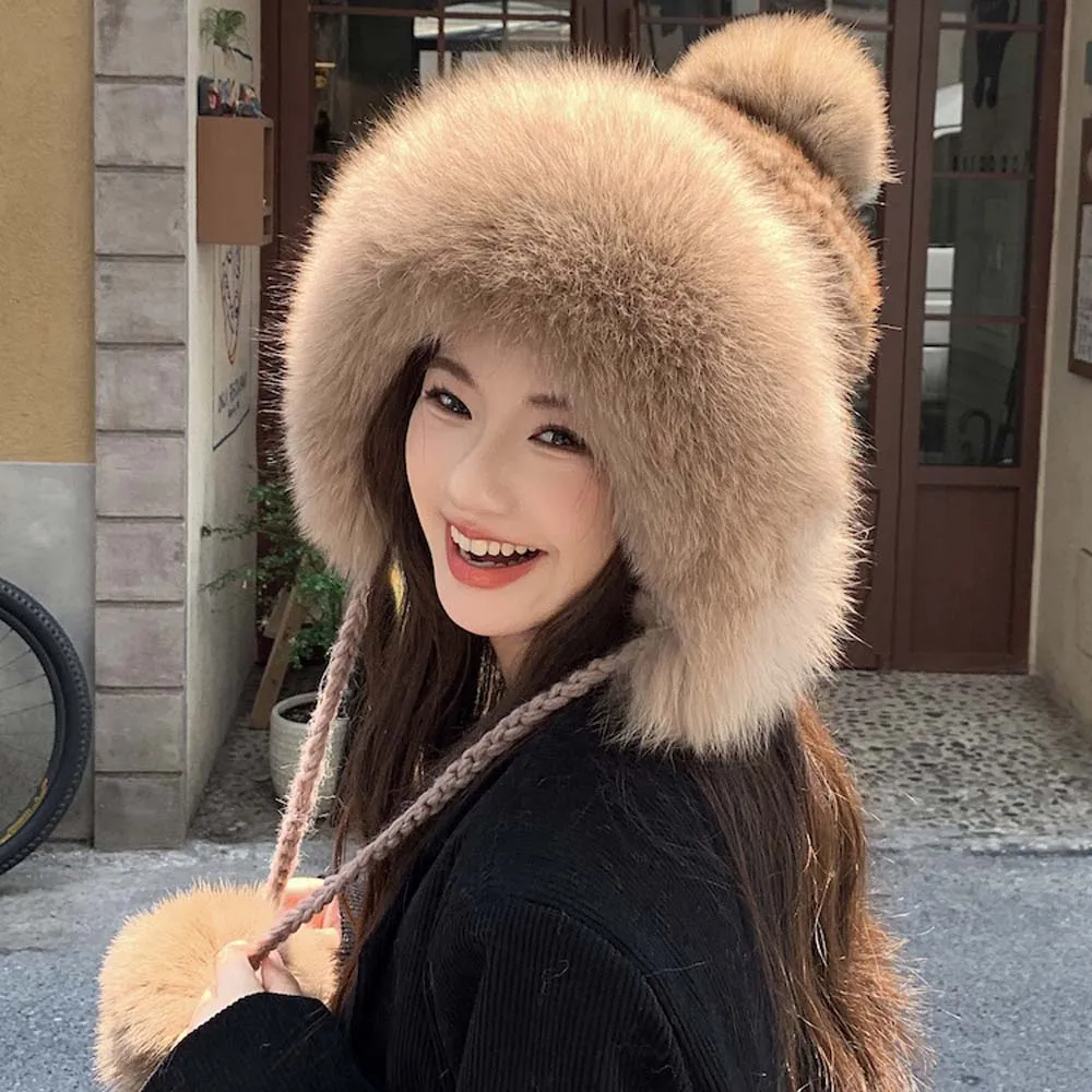 

New Fashion Winter Women Real Fox Fur Hat Natural Fox Fur Ear cap bomber Russian cap Casual Outdoor Warm Knitted Ear Protector H