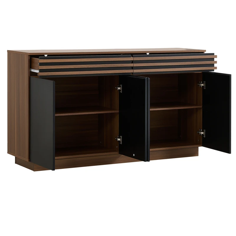 Buffet moderne 150 x 40 x 85 cm aspect bois brun avec portes noires, 2 tiroirs et 4 portes – Grand espace de rangement, design élégant pour salon, salle à manger et cuisine