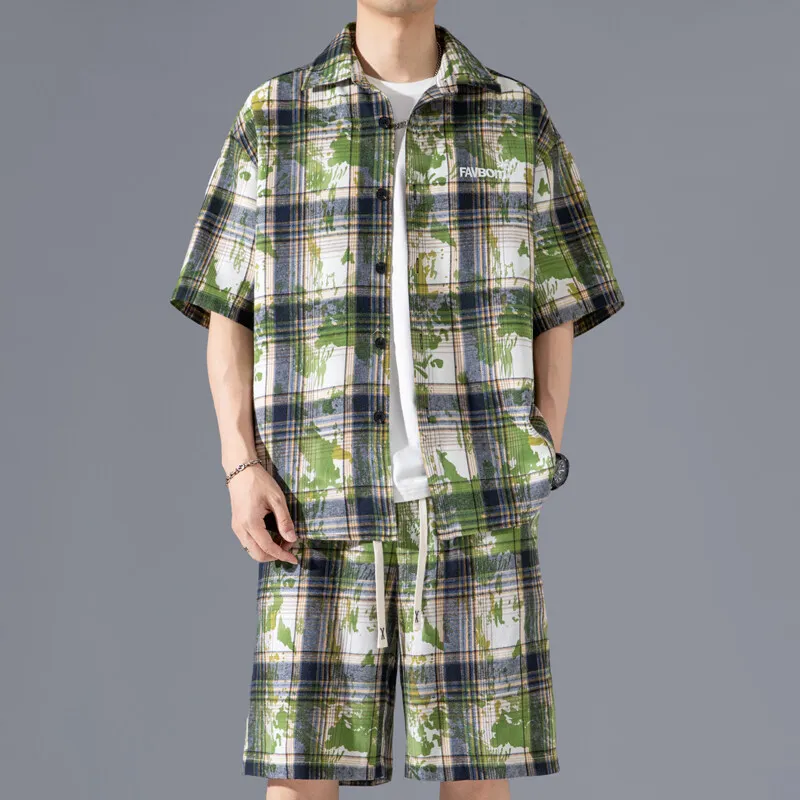 

Summer 2 piece Man Sets Casual Plaid Shorts Shirts Big Check Printing Boy Set Fashion Beach Suit Oversized Outfits Clothes
