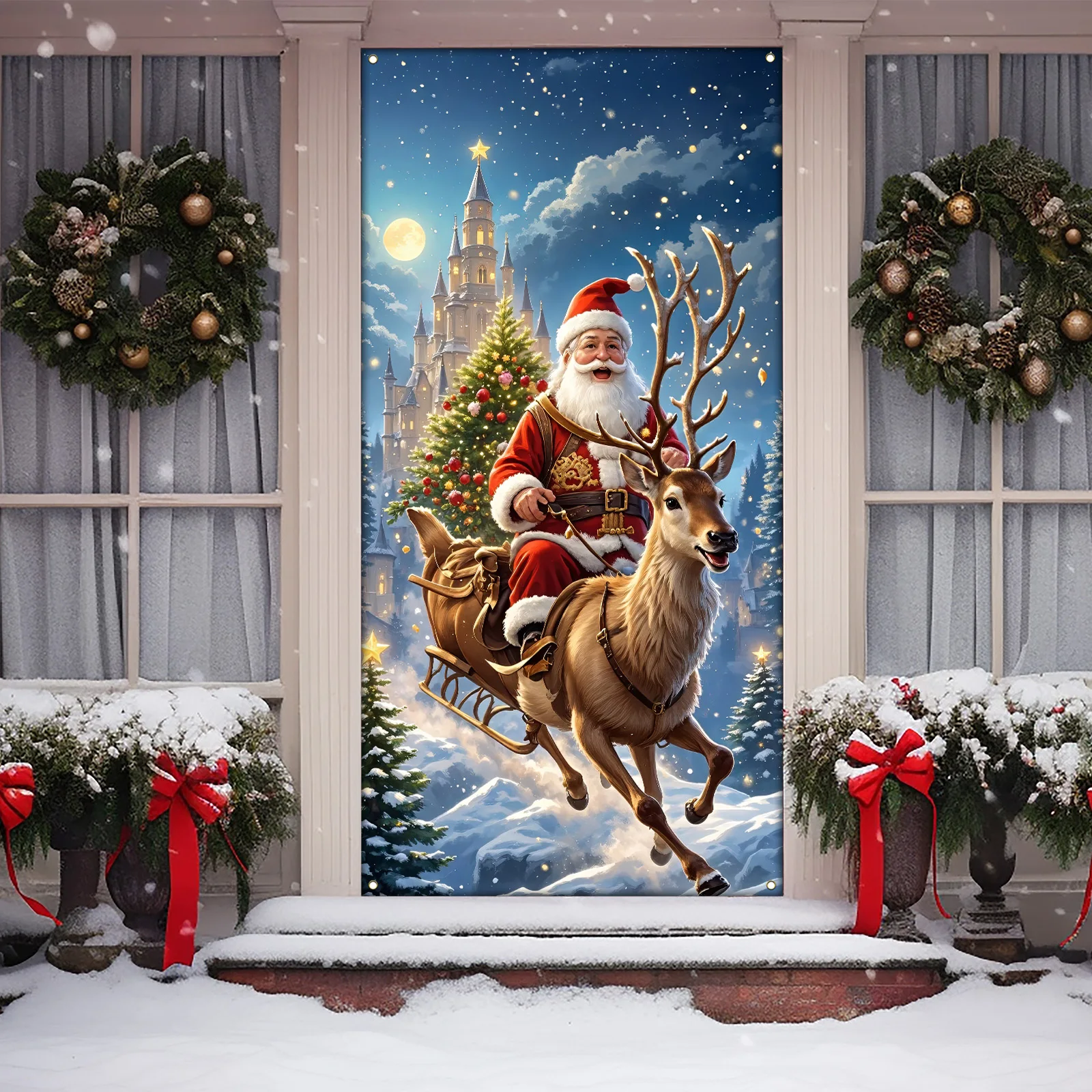 Christmas Door Cover Merry Christmas Background Banner Xmas Fabric Door Banner Photography Hanging Cover Photo Booth Props Decor