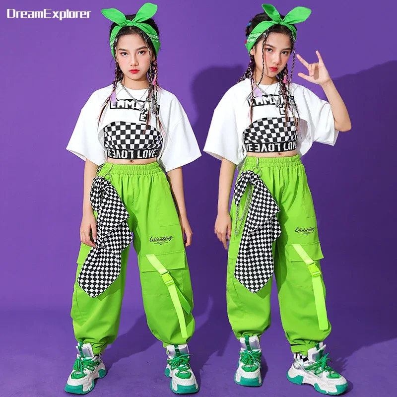 Girls Hip Hop T-shirt Solid Cargo Pants Child Summer Short Sleeve Crop Top Street Dance Joggers Streetwear Kids Jazz Clothes Set