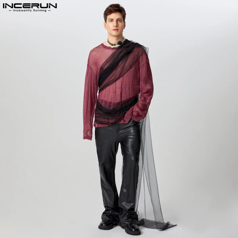 INCERUN Men Flash Mesh Spilicing T-Shirts Casual Streamers Belt Design Knitted Camiseta Handsome Elegant Round Neck Male Tops