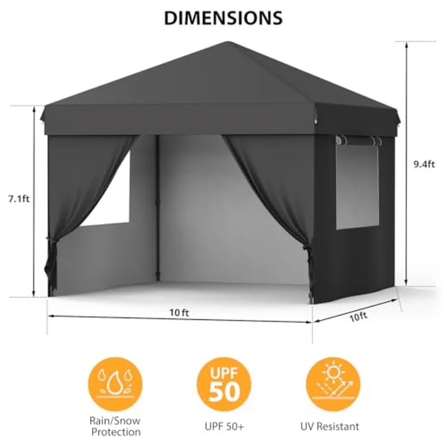Outdoor party tent with 10x10 pop-up canopy, black polyester fabric, one-button push setup, 3-height adjustment, includes 4 sid