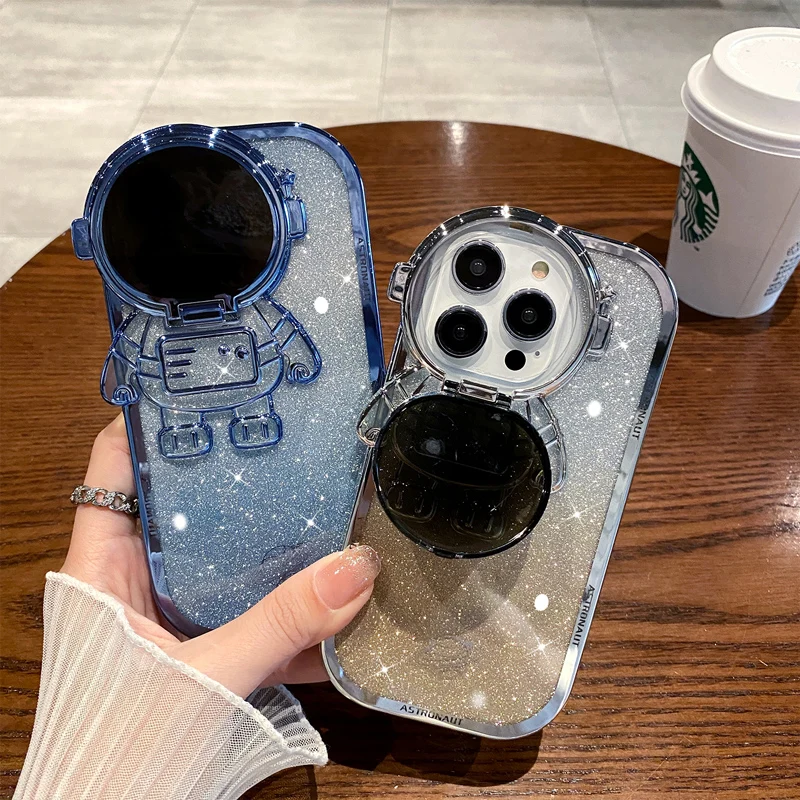 Full Camera Protection Astronaut Bracket Stand Holder Case for iPhone 11 12 13 14 15 Pro Max Plus Xr Luxury Glitter Soft Cover