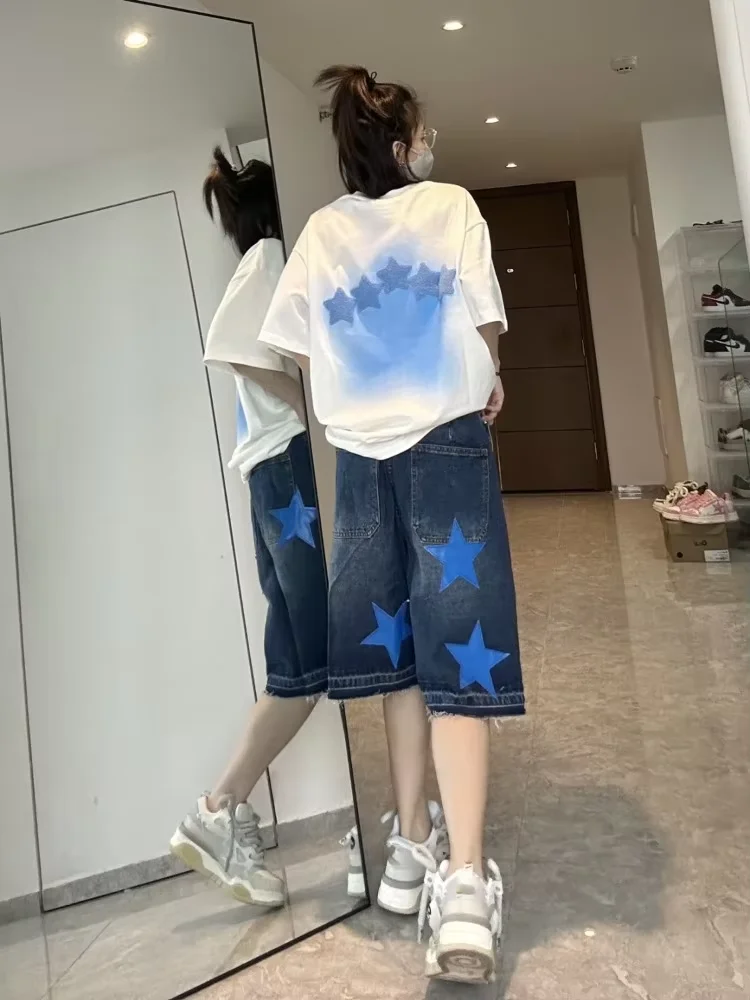 American Style Star Patch Embroidered Jeans Vintage High Waist Denim Shorts For Women 2025 Summer New Five-point Pants
