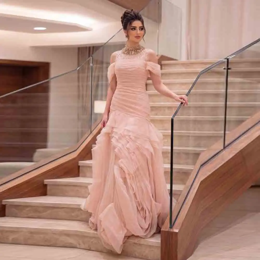 Customized Beaded Rhinestone Neck Evening Dress Off Shoulder Puff Sleeve Ruched Tulle Engagement Dress Tiered Ruffle Formal Wear