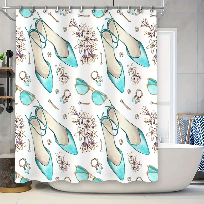 

Blue High Heel Shoe Print Shower Curtain Waterproof Bathroom Decorations Home Decor Accessories Fashion Women's Floral Pattern D