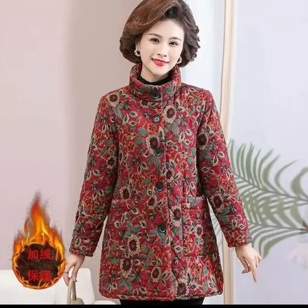 フリース裏地付き厚手冬用暖かい綿ジャケット中高年母親向けの新しいスタイルスタンドカラーフローラルプリントコート