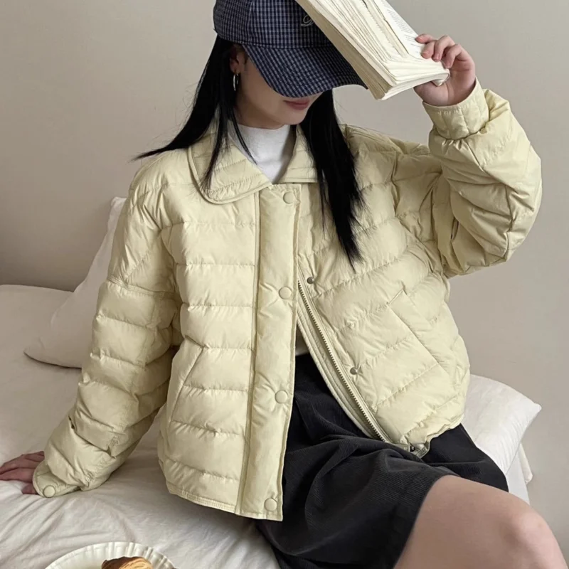 

2025 зимний новый стильный пуховик с воротником для женщин, короткий, свободный крой, для похудения, универсальное, теплое пальто