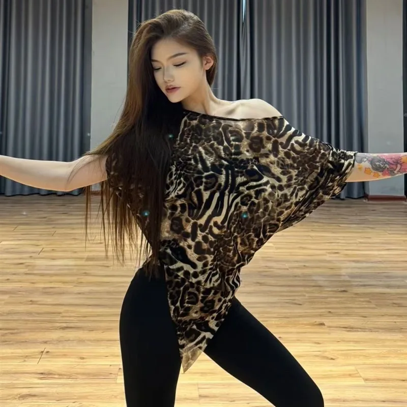 

customized Latin dance top short sleeved leopard print irregular top sloping shoulder high neck style practice outfit mesh