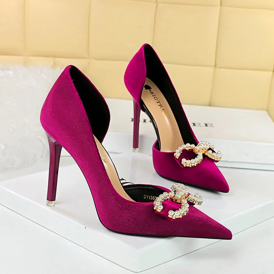 

BIGTREE Женские туфли-лодочки на высоком каблуке с пряжкой и жемчугом и стразами, женские туфли-лодочки на шпильке 7 см 10,5 см из флока, зеленые, розовые, элегантные туфли на каблуке