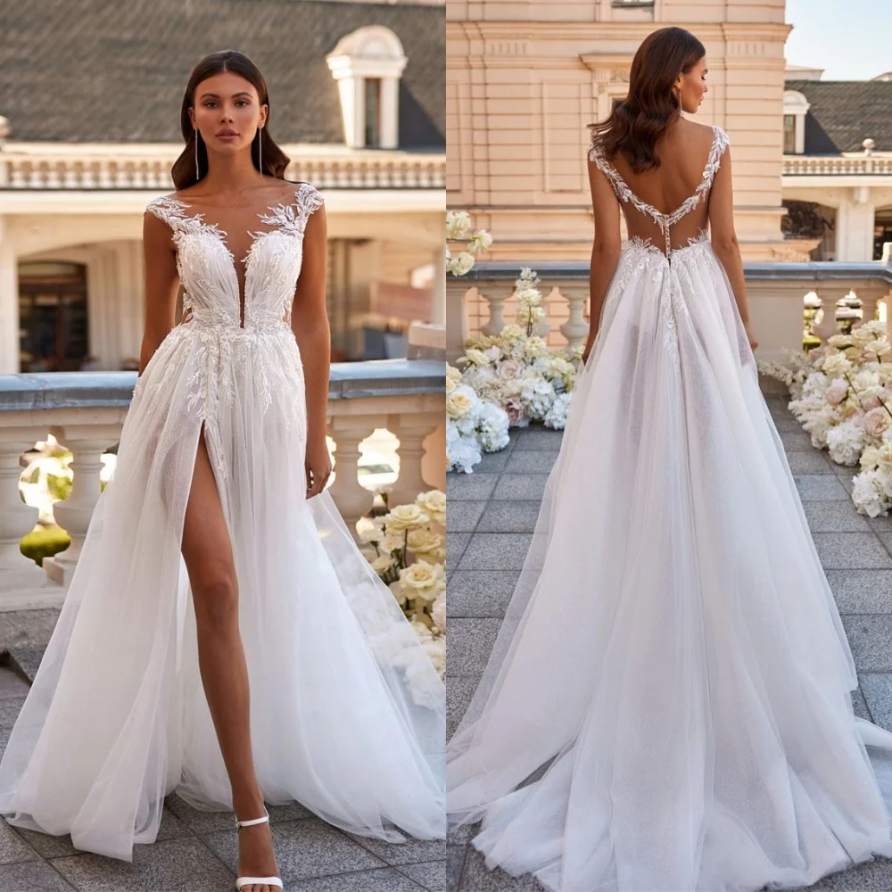 Vestido de novia de Organza blanco personalizado de alta calidad, vestidos de novia románticos sexis con cuello en V y tirantes finos sin espalda para fiesta nupcial