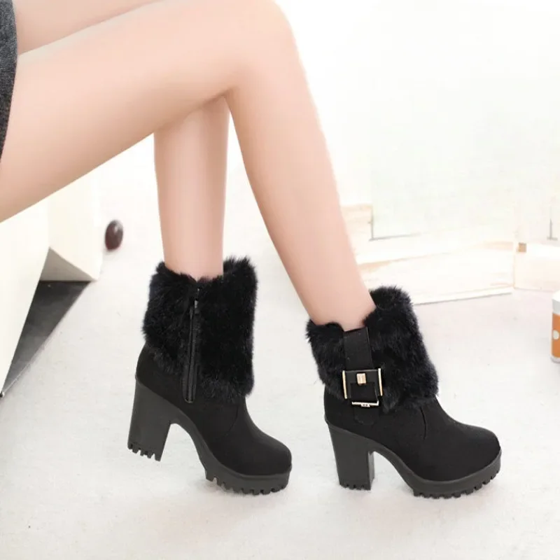 Plus Warm Padded Woman Shoes High Heels Elegant Heeled Snow Boots for Women Large Size Winter Footwear Designer Luxury Pu Boot