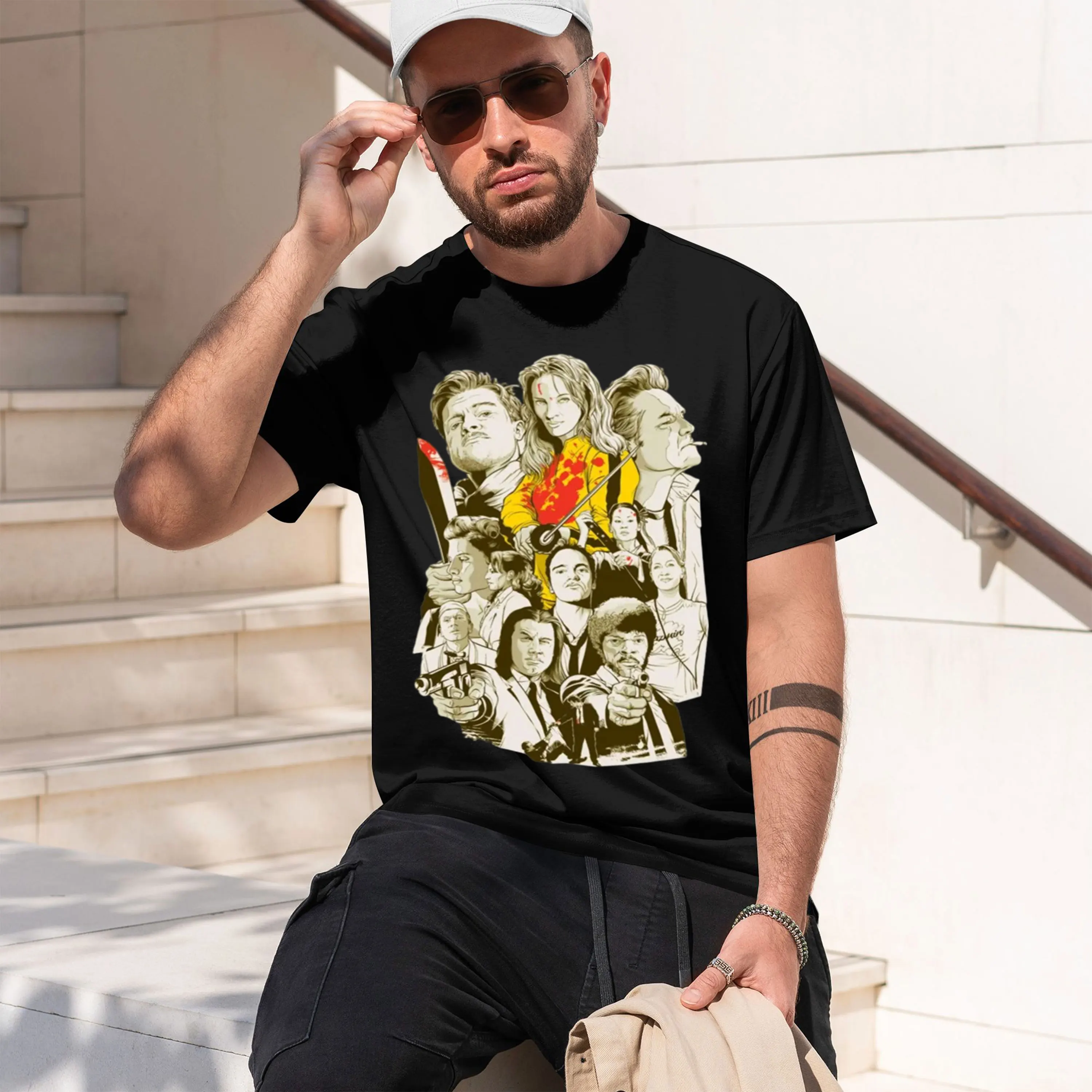 新作：タランティーノ主演のプリントtシャツ。メンズ用、半袖、グレー、レトロスタイルデザイン、2026年新モデル、クルーネック。