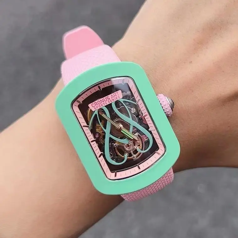 CRONUSART Women Automatic Watch 29mm Tonneau Ladies Meachanical WristWatch Waterproof Sapphire Skeleton Dial Fluororubber Strap