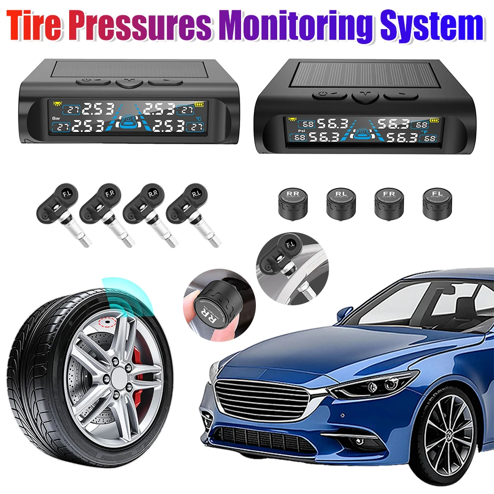 Tire Pressures Monitoring System with Solar Charge and USB Real-Time Pressure Monitor LCD Display for Cars SUVs & Light Trucks