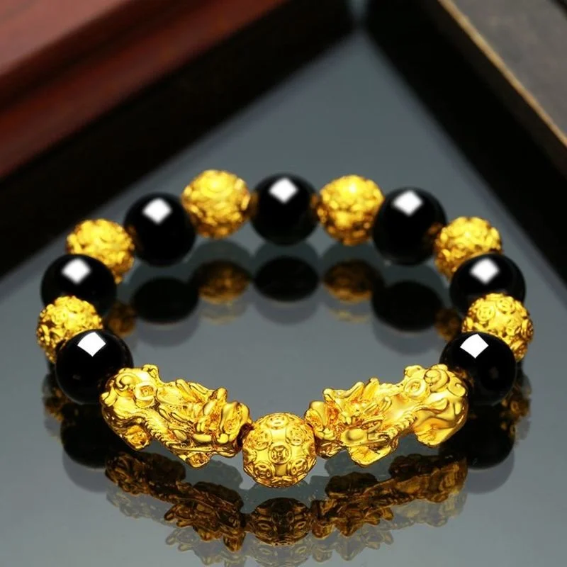 Pulsera Pi chapada en obsidiana para mujer, oro 100% Real de 24k, cuentas de Buda de la fortuna que se mueven durante mucho tiempo, joya pura de 18K, 999