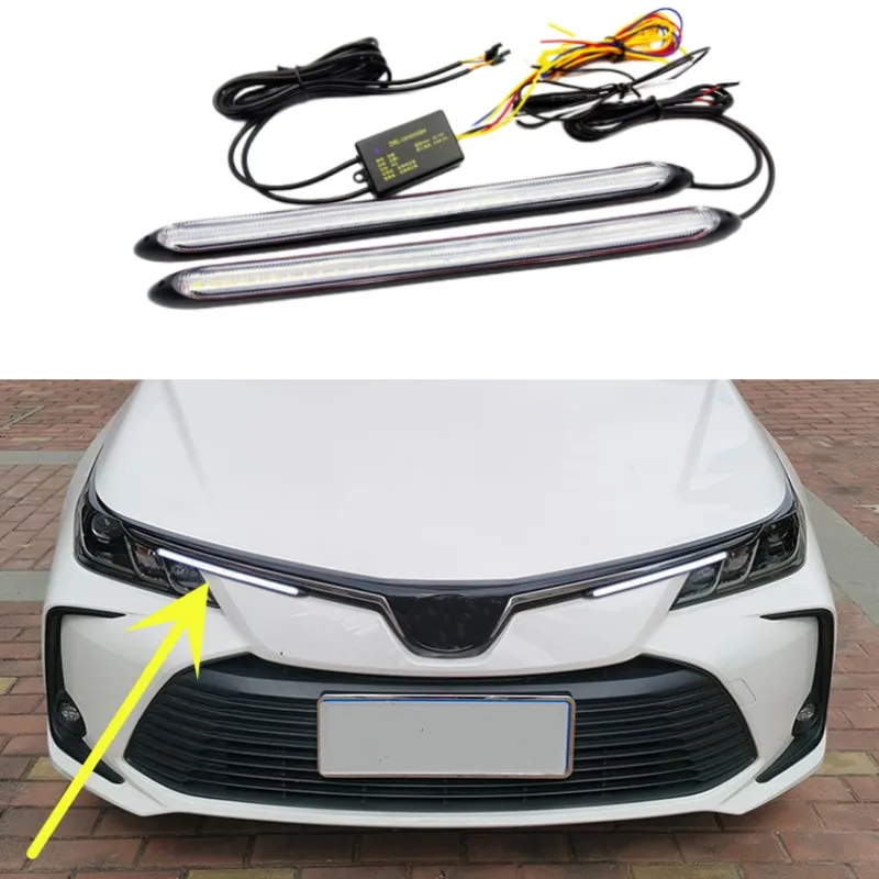 

2pcs LED Car DRL Daytime Running Light Auto Headlight Strip Waterproof Flow White Turn Signal Yellow Day Lights Universal 12v