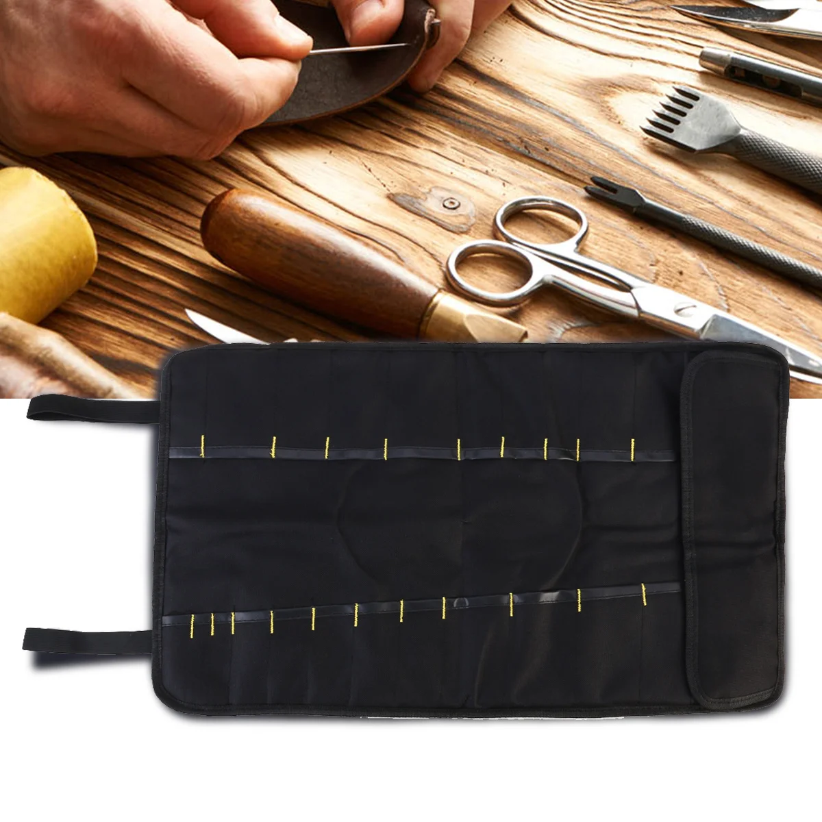 حقيبة أدوات قابلة للطي مكونة من 22 جيبًا، حقيبة أدوات محمولة شديدة التحمل مع حزام إغلاق على الحائط، ثقوب معلقة باللون الأحمر