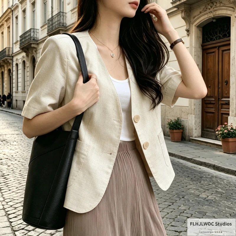 Short Cotton Linen Blazer Chic Korea High Street Women Cute Girls Elegant Office Lady Button Notched Small Coats Jacket Blazers