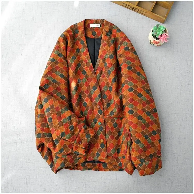 Winter New Cotton Jacket Women All-match Loose Plus Size Chinese Style Buttons Print Patchwork Comfortable Linen Oversized Coats