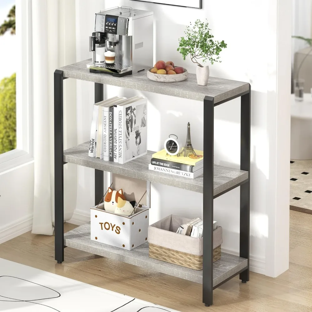 

3 Tier Bookshelf, Industrial Wood and Metal Book Shelf and Bookcase, Short Book Case for Office Living Room Bedroom, Light Grey