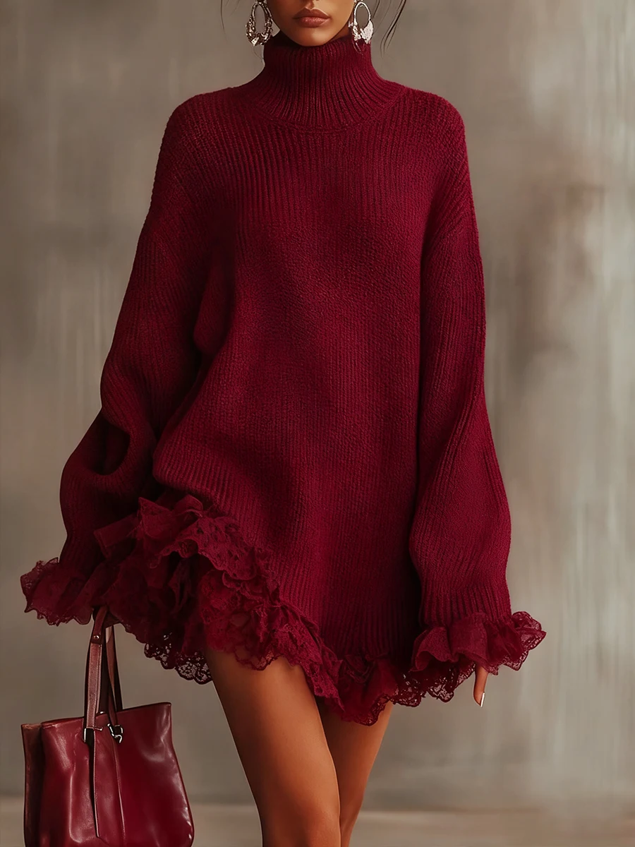 High Collar Women Sweater Dress Autumn Winter Ruffled Splicing Long Sleeve Vintage Elegant Knitted Mini Dress Female Clothes