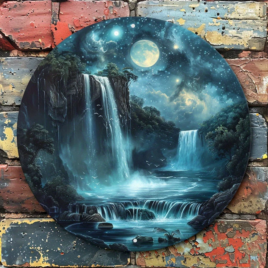 2D Flat, 2D Flat Style, 1pc Round Metal Wall Decor - Moonlight Waterfall and Waterfall Landscape Art, Romantic Wrought Iron Sign