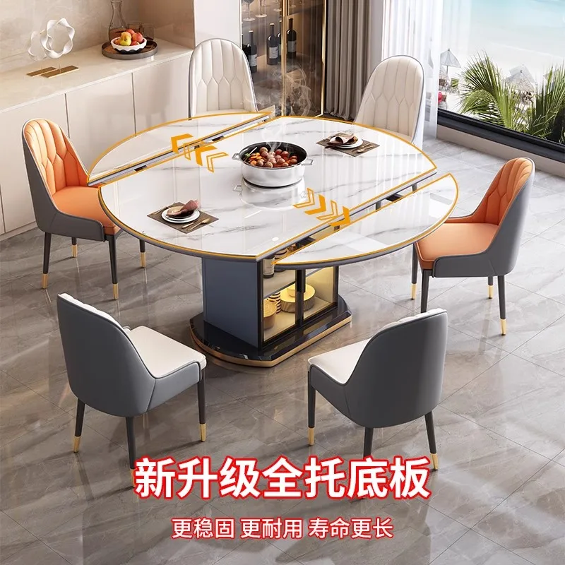Slate dining table household 5 new retractable small apartment with turntable dining table and chair combination