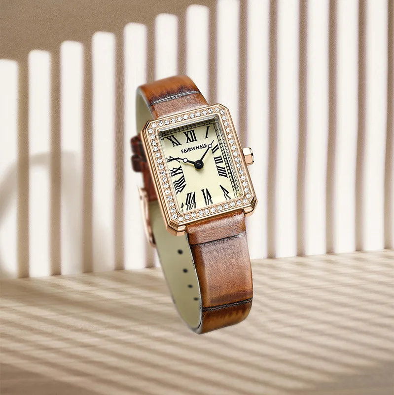 Vintage Quartz Watch with Diamond Square PU Leather Ultra Thin Waterproof Pin Buckle Hot Trendy Style for Women