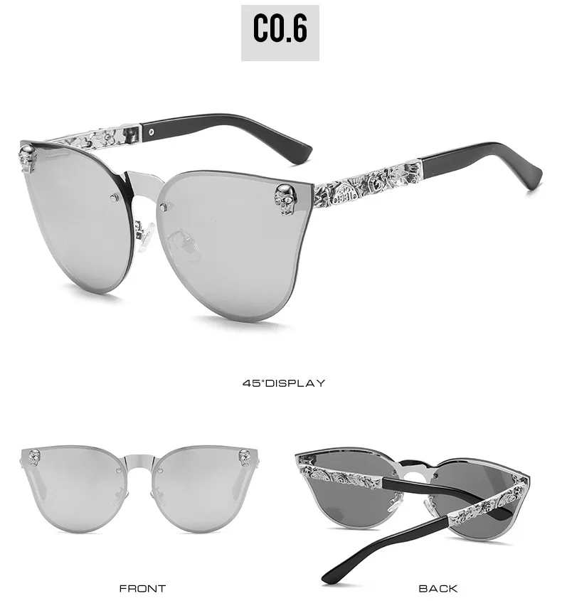 Gothic Schädel Sonnenbrille Frauen Männer Cat Eye Geschnitzt Metall Persönlichkeit Randlose Reflektierende UV400 Sonnenbrille – Detail 13