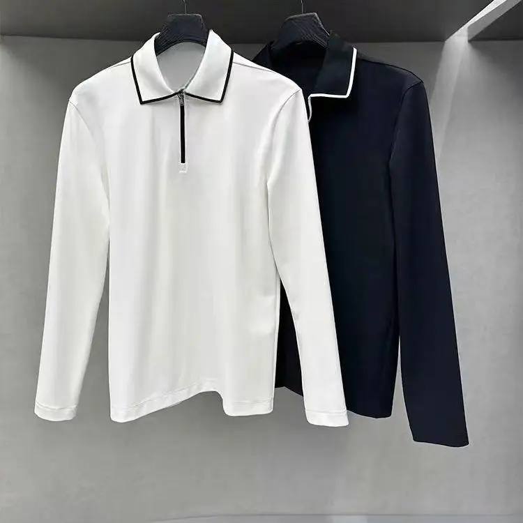 Men Golf Polo Shirt Autumn Half Zip Lapel Long Sleeve Tops Slim Comfortable Versatile Golf Apparel