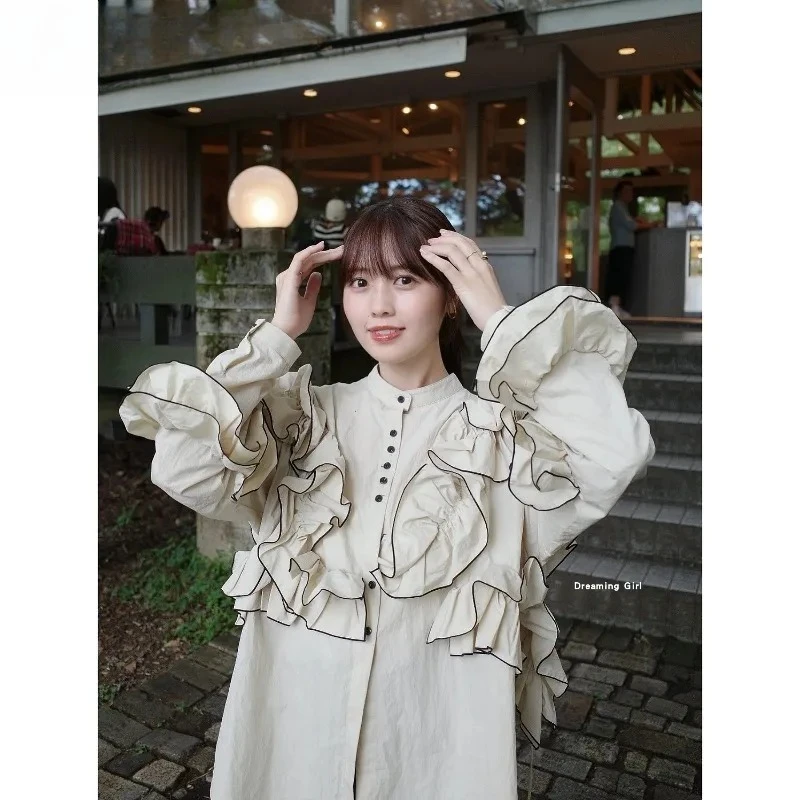 Japanse stijl lente en herfst nieuwe kanten rand vetersluiting single-breasted shirt zoete meisjes veelzijdige effen kleur lange mouw top