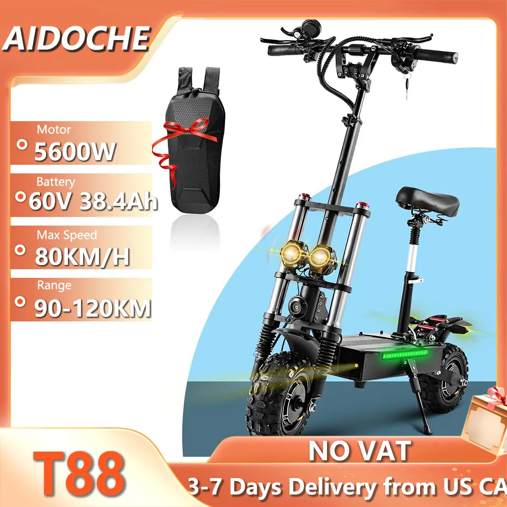 T88 folding electric scooter with seat, 5600W, 60V, 38.4AH, 80 km/h, 90km range, 11inch, off-road tire