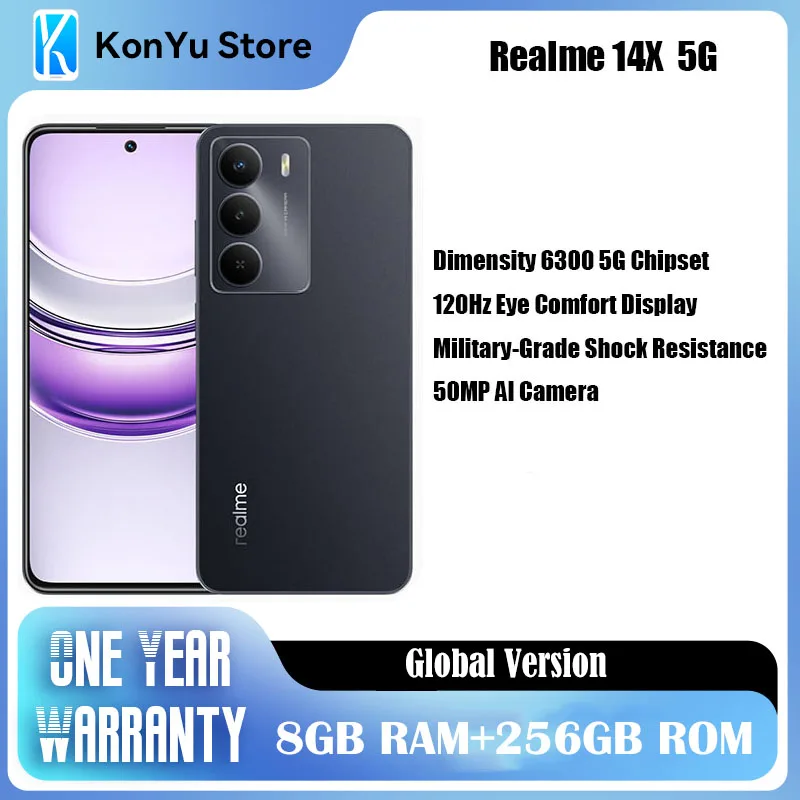 realme 14X 5G Smartphone Dimensity 6300 5G Chipset 8GB RAM 256GB 50MP AI Camera 120Hz Eye Comfort Display 5000mAh 4G Phone