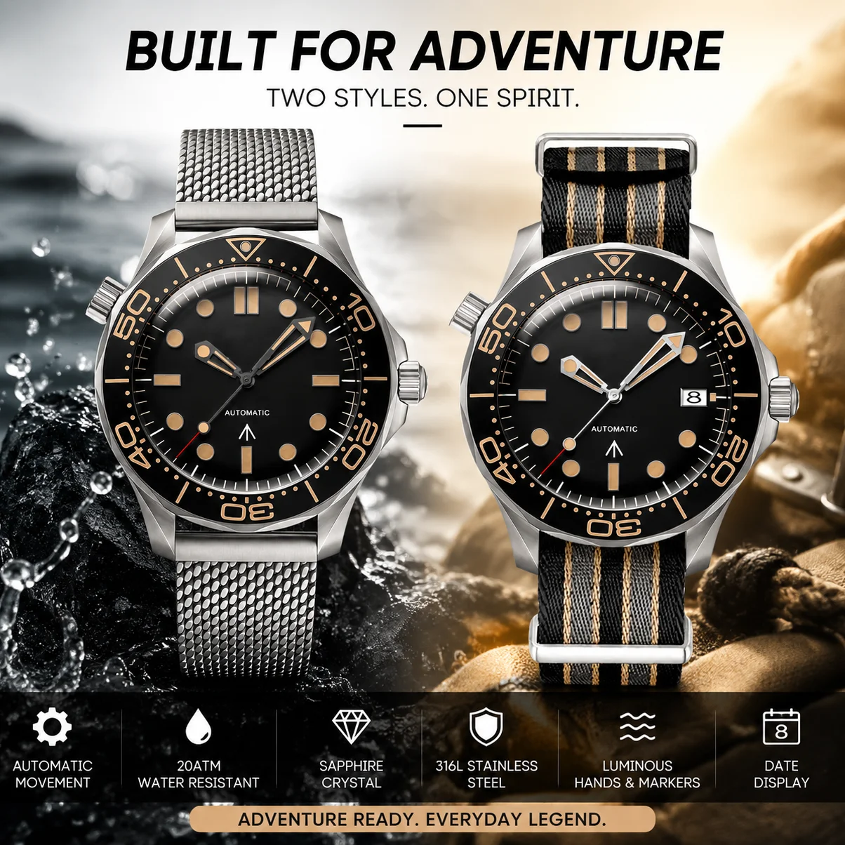 BLIGER 41 mm anpassbare mechanische Herrenuhr mit Saphirglas, Datum/kein Datum, NH35PT5000, MIYOTA 8215, Edelstahl-Mesh-Armband/Nylonarmband