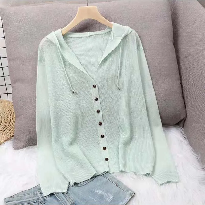 

New Women's Short 2026 Summer Hooded Hollow-out Lady Knitting Cardigan Outerwear Long Sleeve Ladies Coat