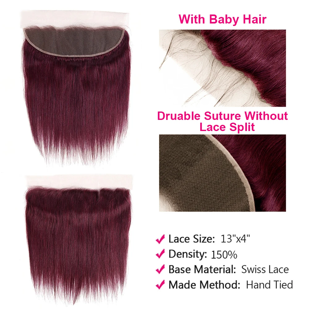 99J bundel dengan renda Frontal lurus Remy 100% rambut manusia tenun 3 bundel dengan 13x4 renda depan Burgundy rambut manusia Tissage